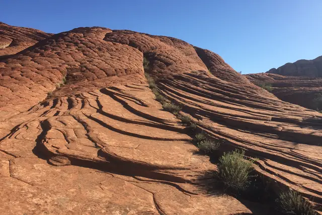 Curving lines of cross-bedded red sandstone slickrock, the petrified sand dunes of Snow Canyon State Park.