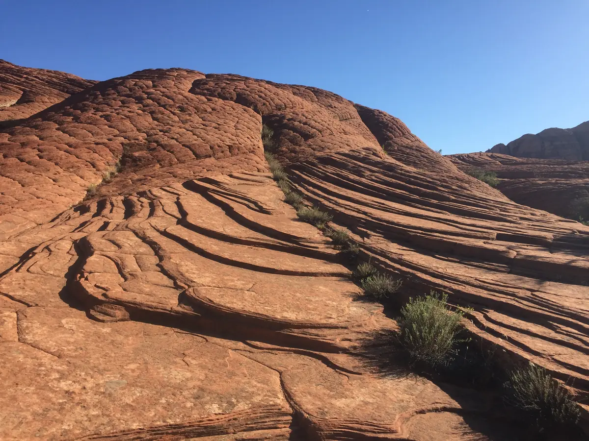 Curving lines of cross-bedded red sandstone slickrock, the petrified sand dunes of Snow Canyon State Park.