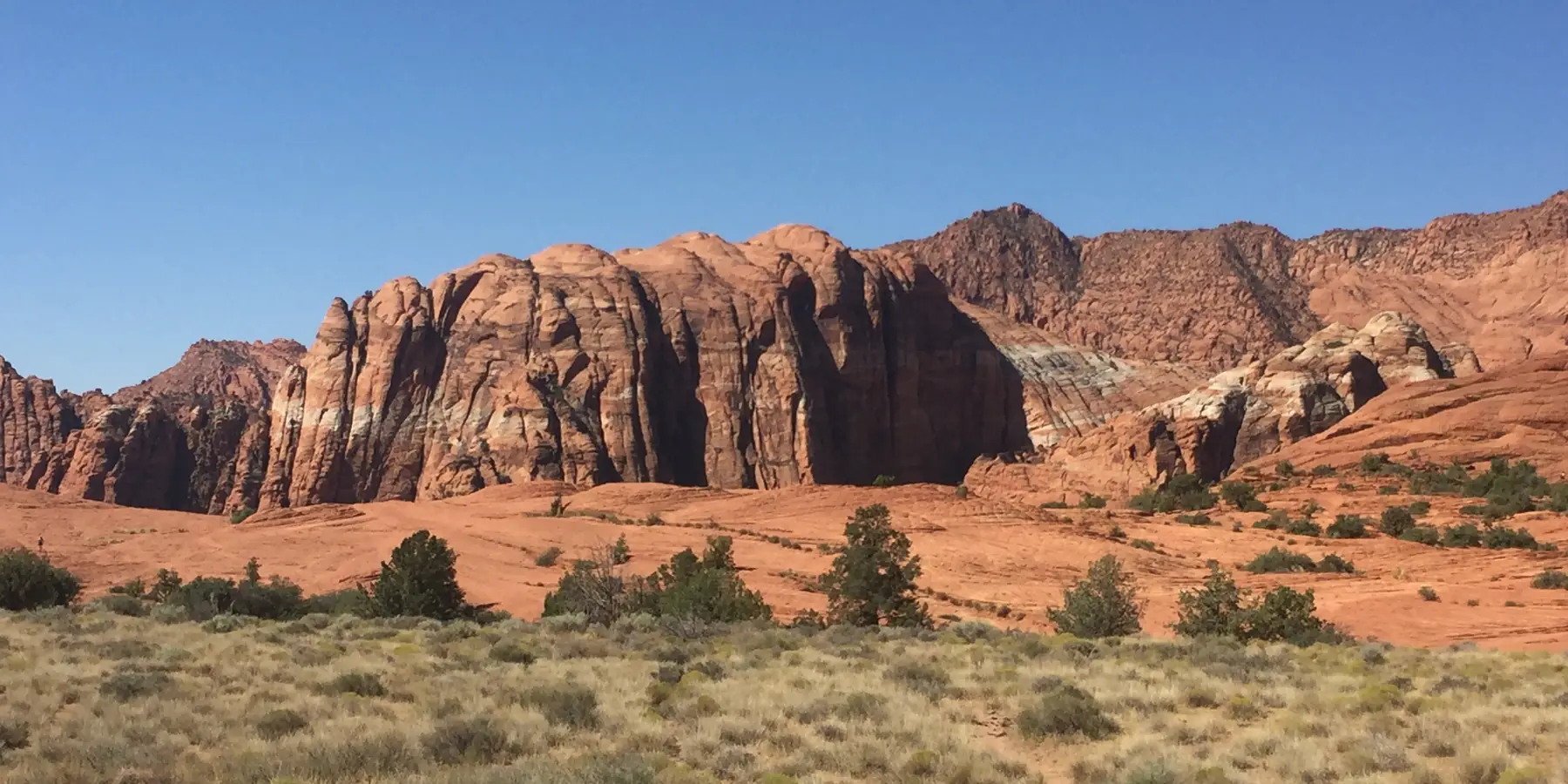 Red and white sandstone cliffs rising above a grassy desert meadow in Snow Canyon State Park.