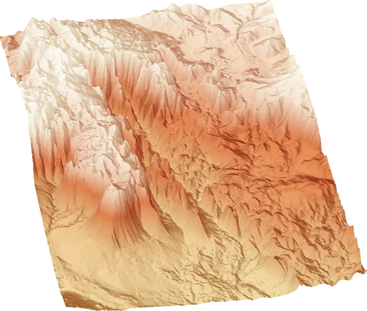 3D terrain view of Snow Canyon and the lava-capped ridges around it, rendered as a shaded relief surface in red and tan tones.